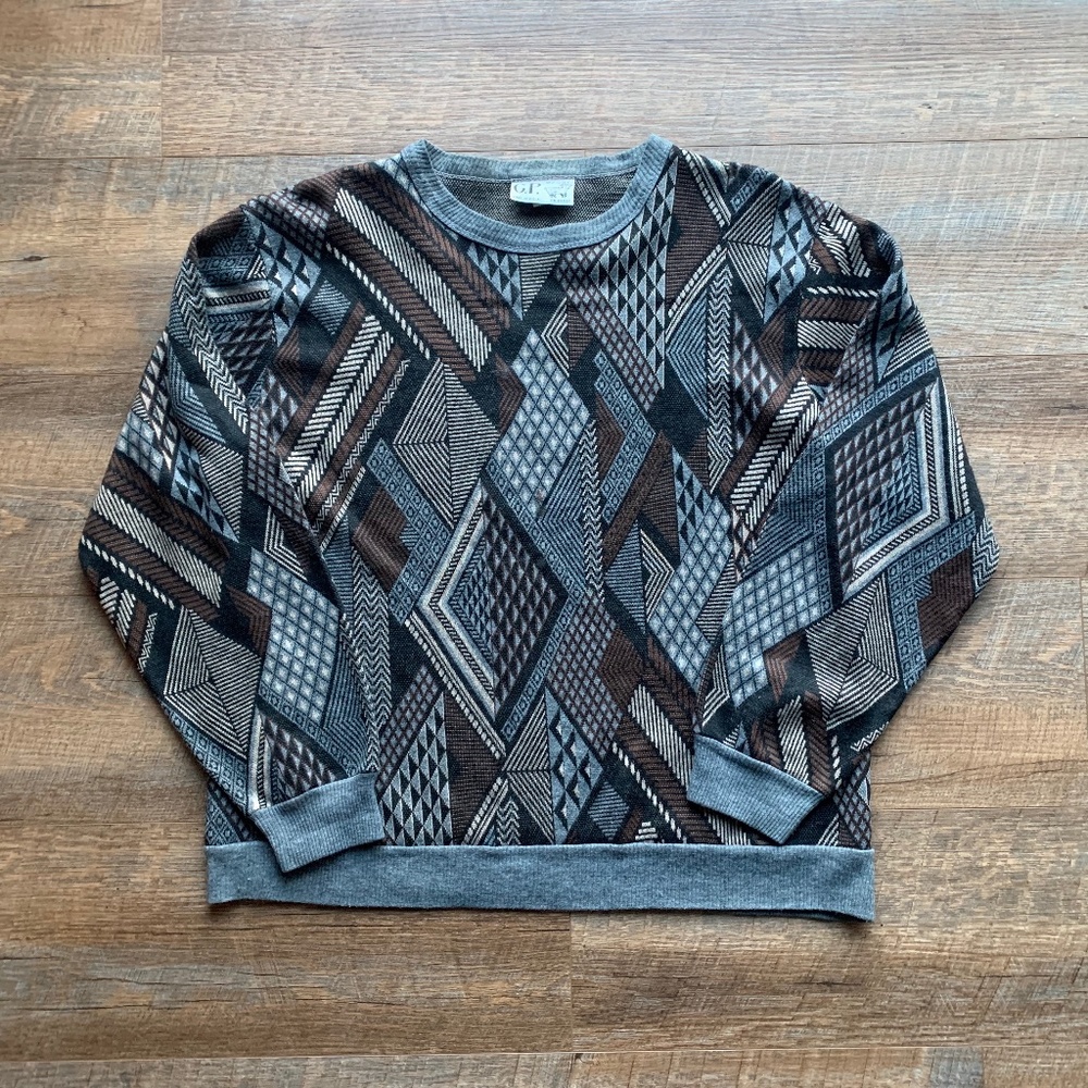 Vintage  CP Sport Men’s Crew Neck Knit Abstract top Gray/Brown • USA • Med